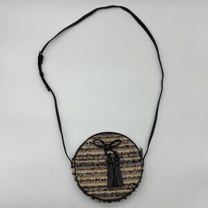 Patricia Nash Ebbe Beige/Black Woven Straw Sibari Circle Canteen Crossbody Bag